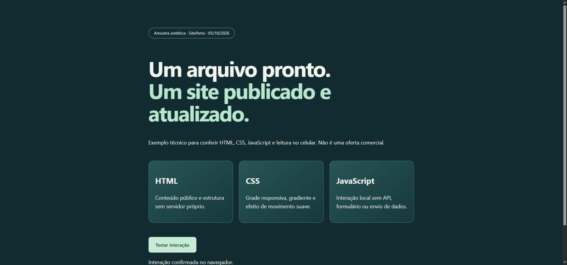 Exemplo HTML publicado na SitePerto, com layout responsivo e interação JavaScript.