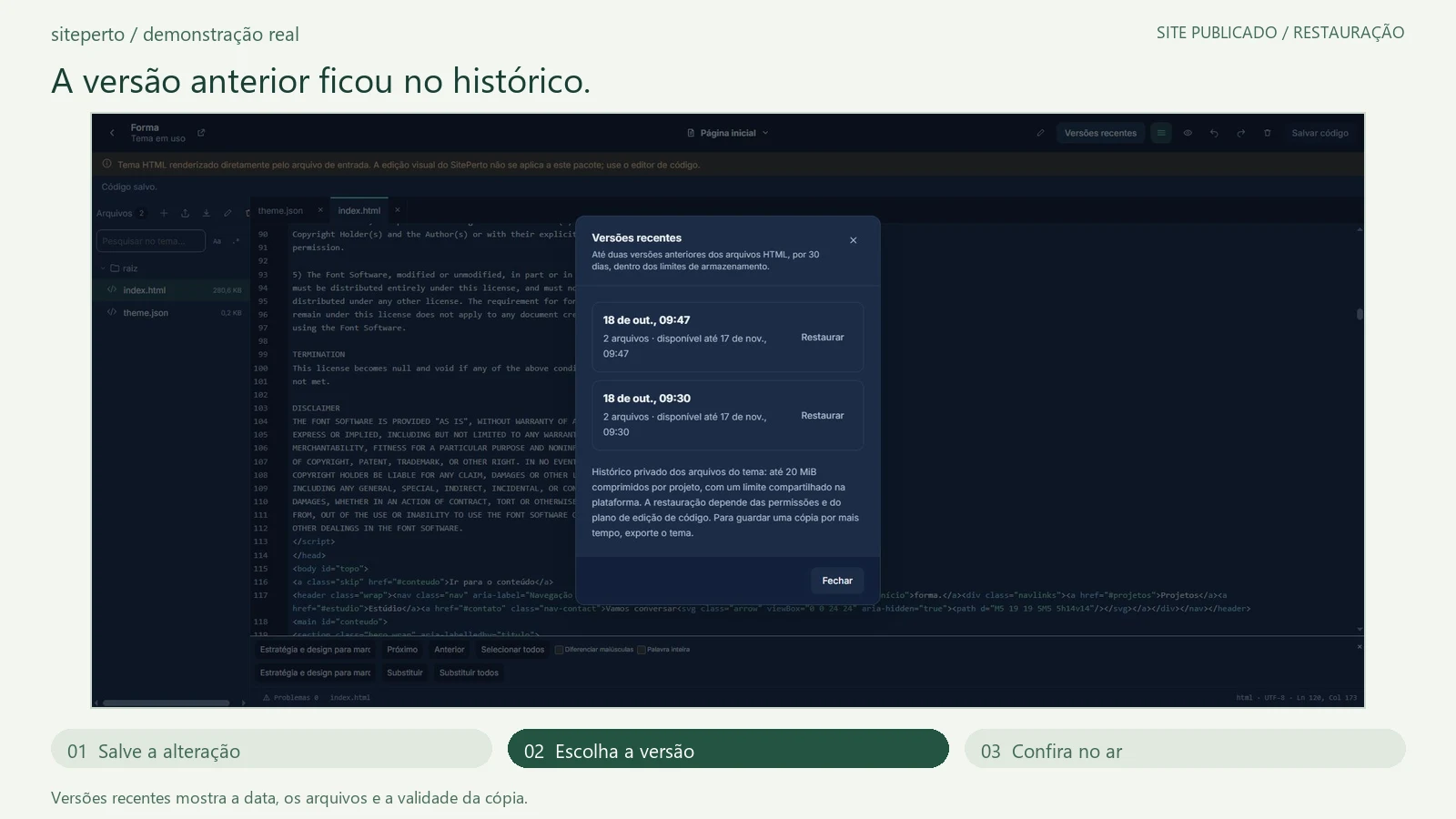 Como restaurar uma versão anterior do site